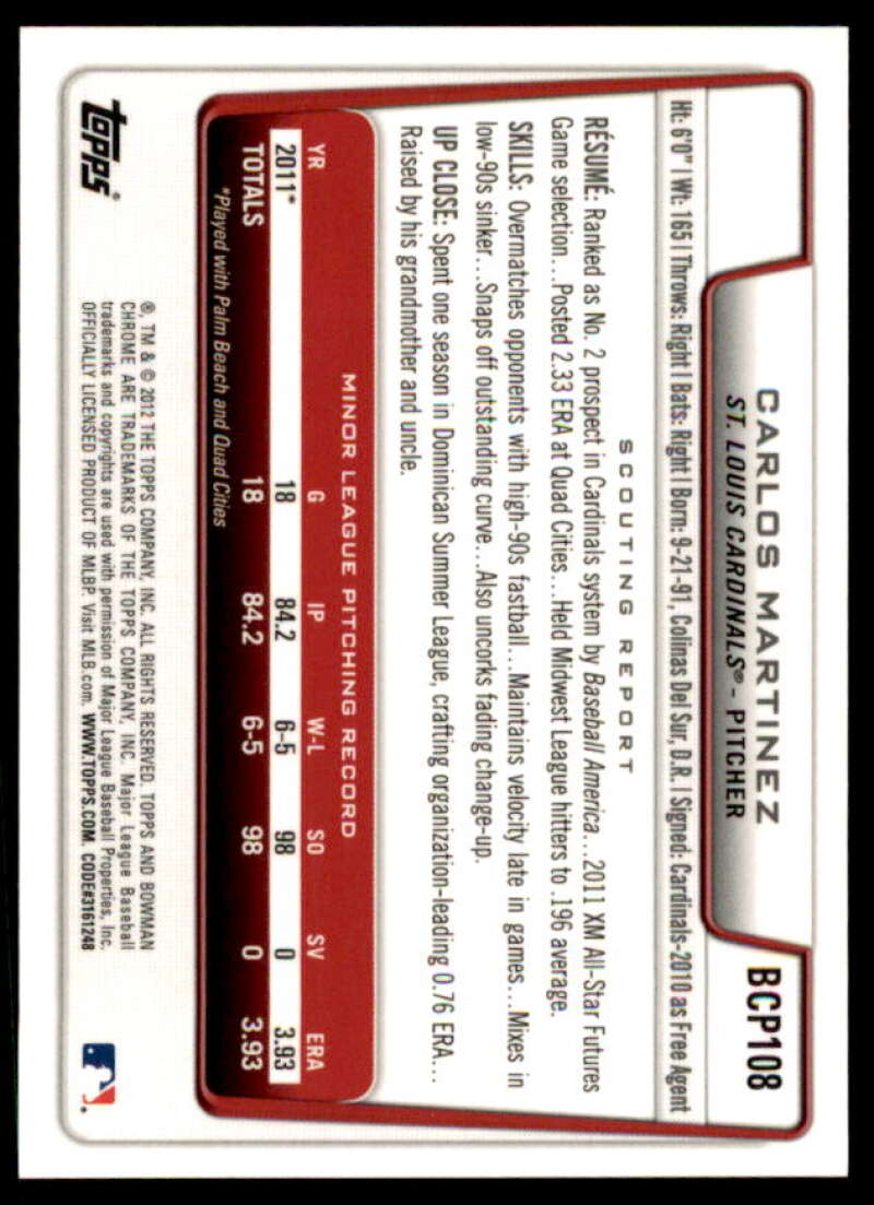 Carlos Martinez Rookie Card 2012 Bowman Chrome Prospect Autographs #BCP108  Image 2