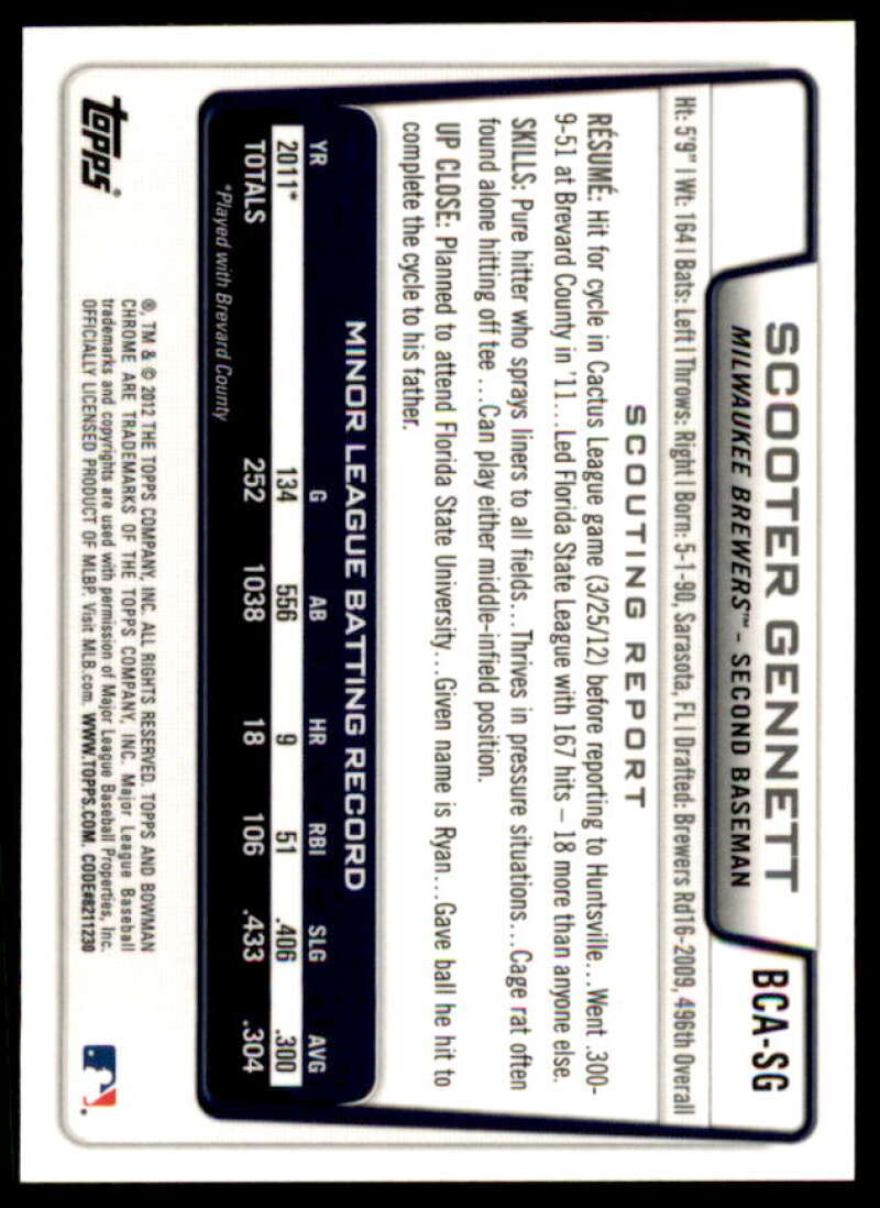 Scooter Gennett Rookie Card 2012 Bowman Chrome Prospect Autographs #SG  Image 2