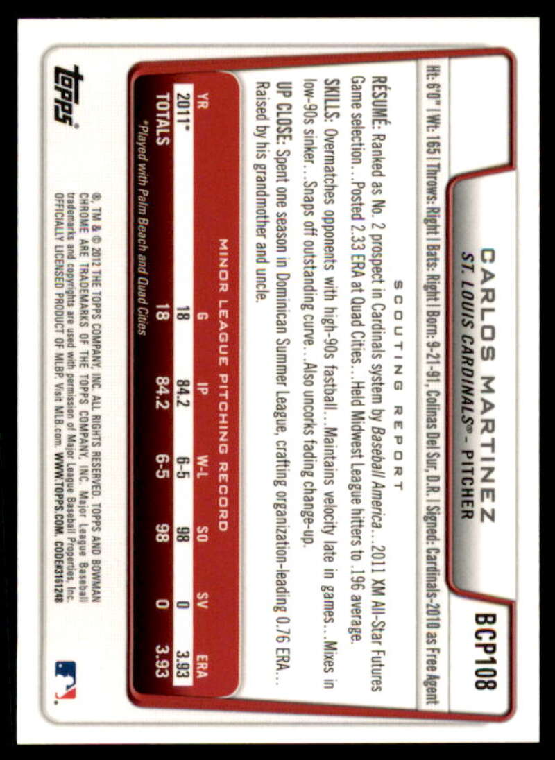 Carlos Martinez Rookie Card 2012 Bowman Chrome Prospect Autographs #BCP108  Image 2