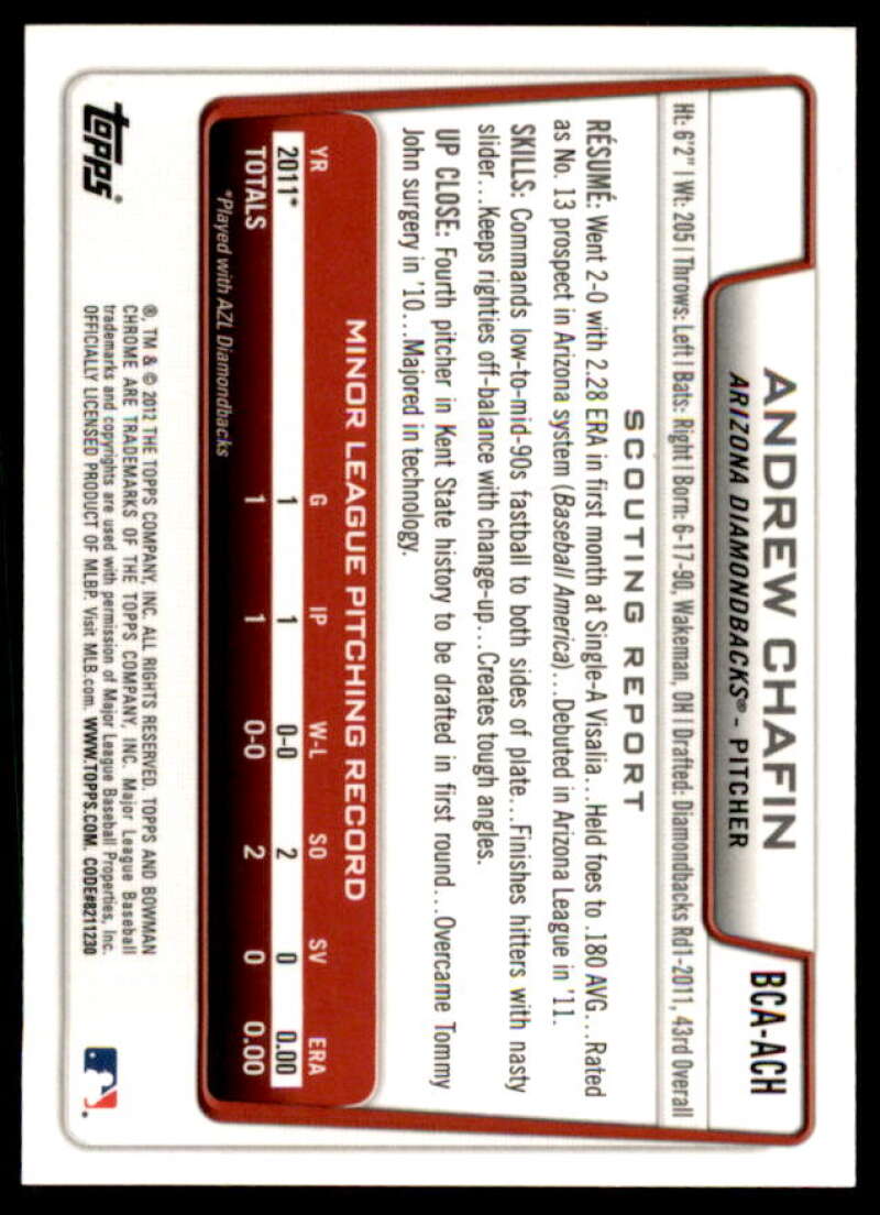Andrew Chafin Rookie Card 2012 Bowman Chrome Prospect Autographs #ACH  Image 2
