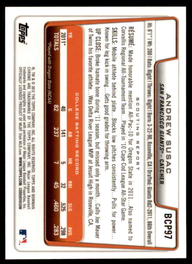 Andrew Susac Rookie Card 2012 Bowman Chrome Prospect Autographs #BCP97  Image 2