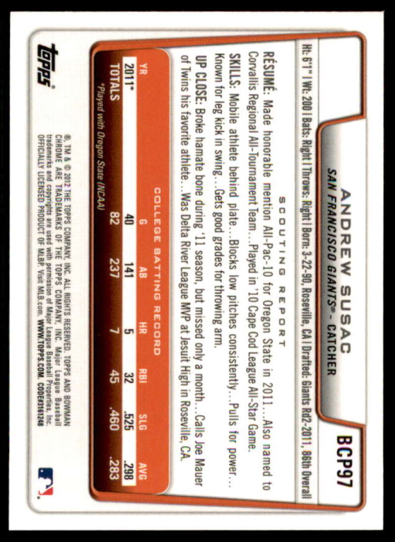 Andrew Susac Rookie Card 2012 Bowman Chrome Prospect Autographs #BCP97  Image 2