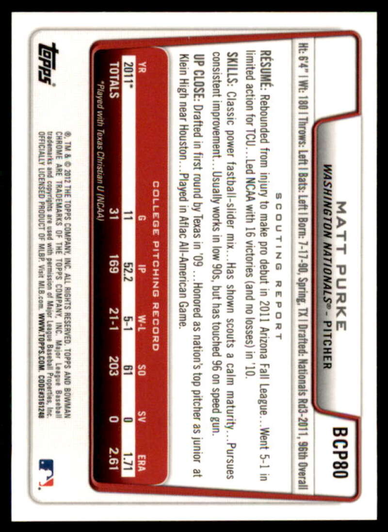 Matt Purke Rookie Card 2012 Bowman Chrome Prospect Autographs #BCP80  Image 2