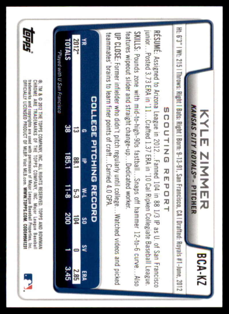 Kyle Zimmer Rookie Card 2012 Bowman Chrome Draft Draft Pick Autographs #KZ  Image 2
