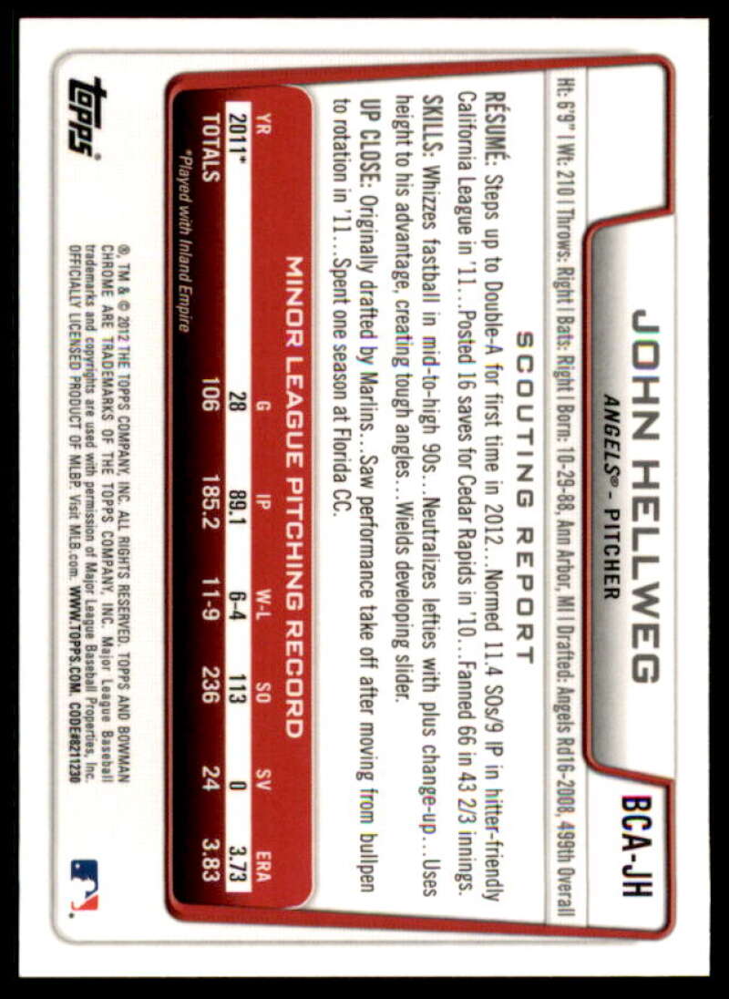 John Hellweg Rookie Card 2012 Bowman Chrome Prospect Autographs #JH  Image 2