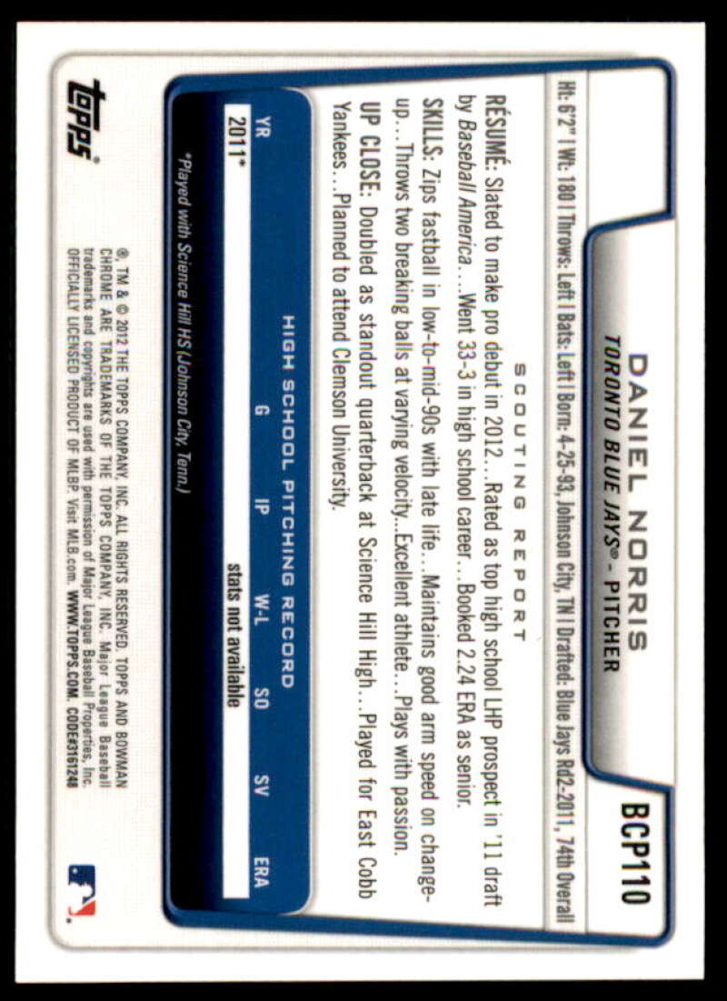 Daniel Norris Rookie Card 2012 Bowman Chrome Prospect Autographs #BCP110  Image 2