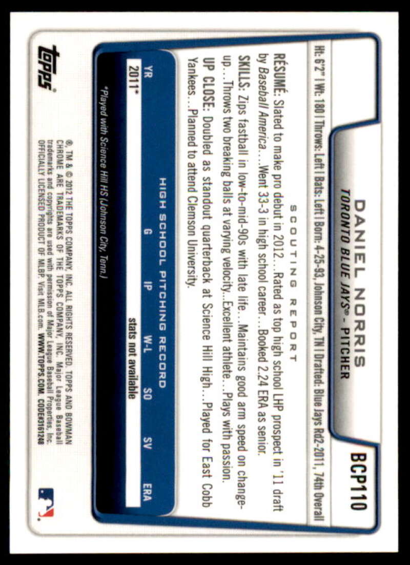 Daniel Norris Rookie Card 2012 Bowman Chrome Prospect Autographs #BCP110  Image 2