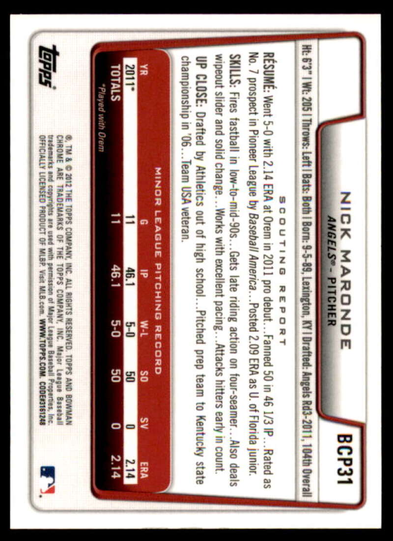 Nick Maronde Rookie Card 2012 Bowman Chrome Prospect Autographs #BCP31  Image 2