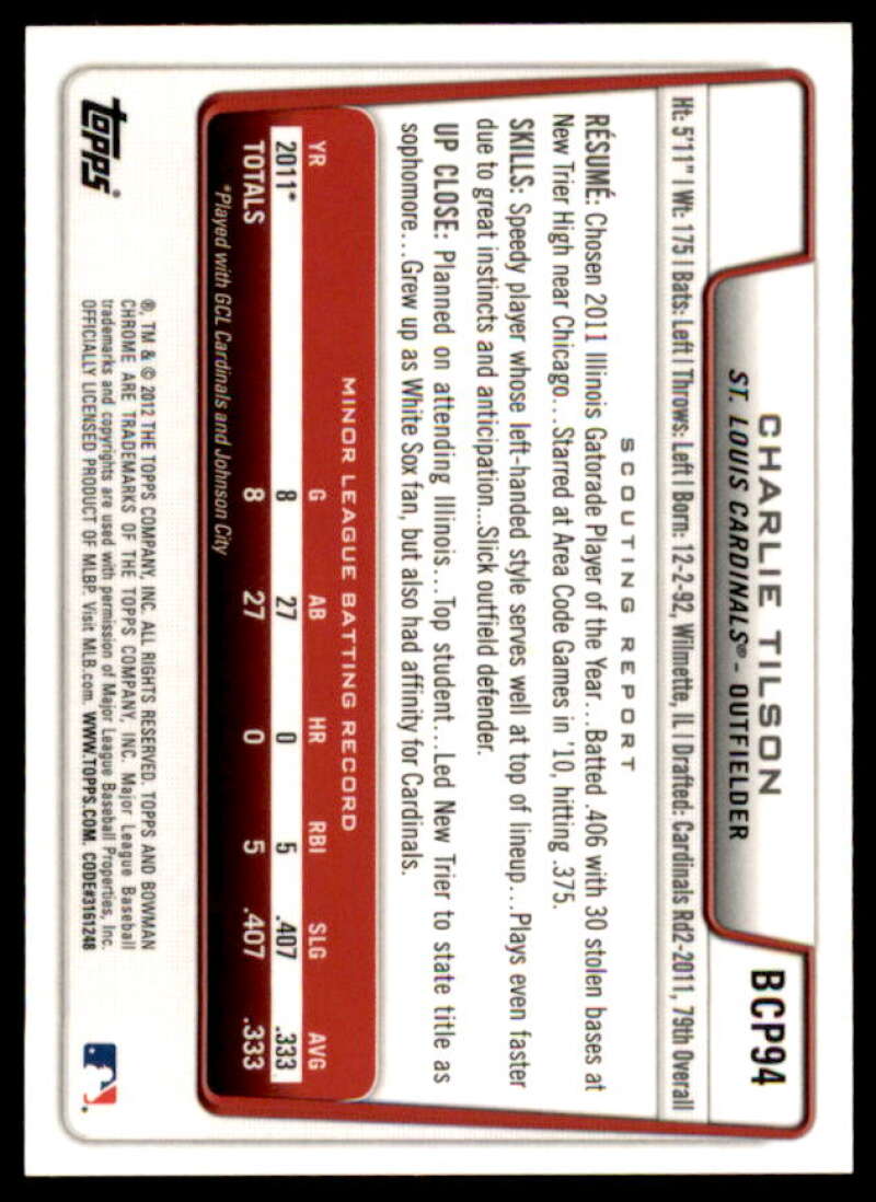 Charlie Tilson Rookie Card 2012 Bowman Chrome Prospect Autographs #BCP94  Image 2