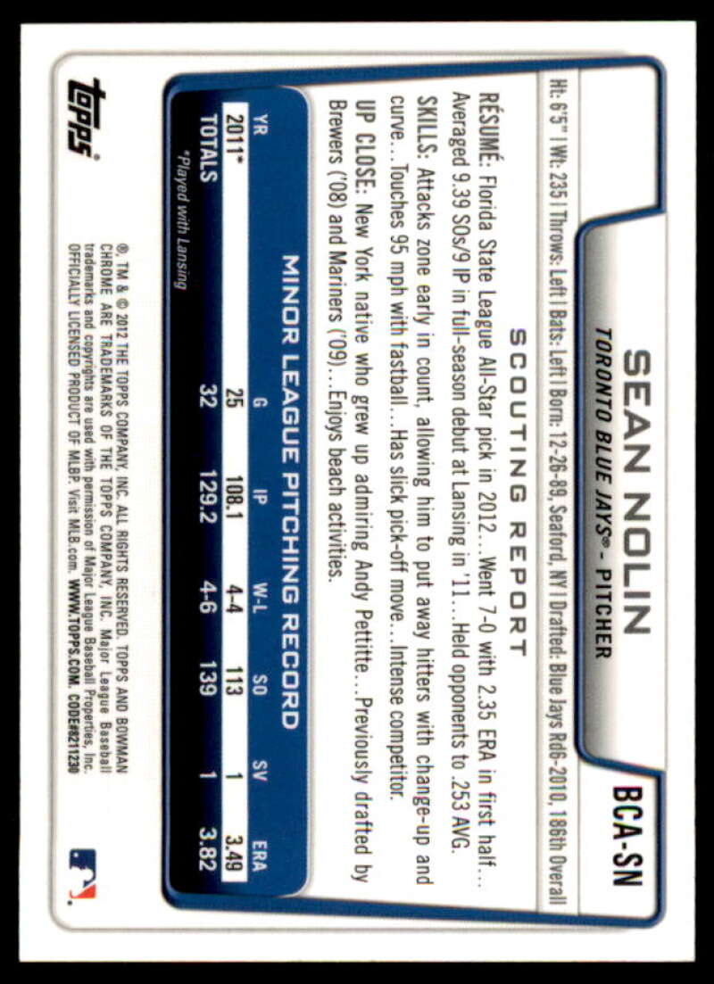 Sean Nolin Rookie Card 2012 Bowman Chrome Prospect Autographs #SN  Image 2