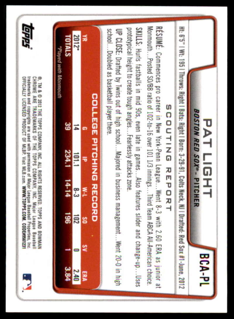 Pat Light Rookie Card 2012 Bowman Chrome Draft Draft Pick Autographs #PL  Image 2