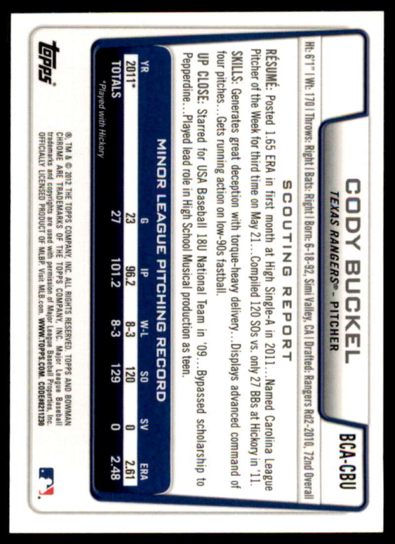 Cody Buckel Rookie Card 2012 Bowman Chrome Prospect Autographs #CBU  Image 2