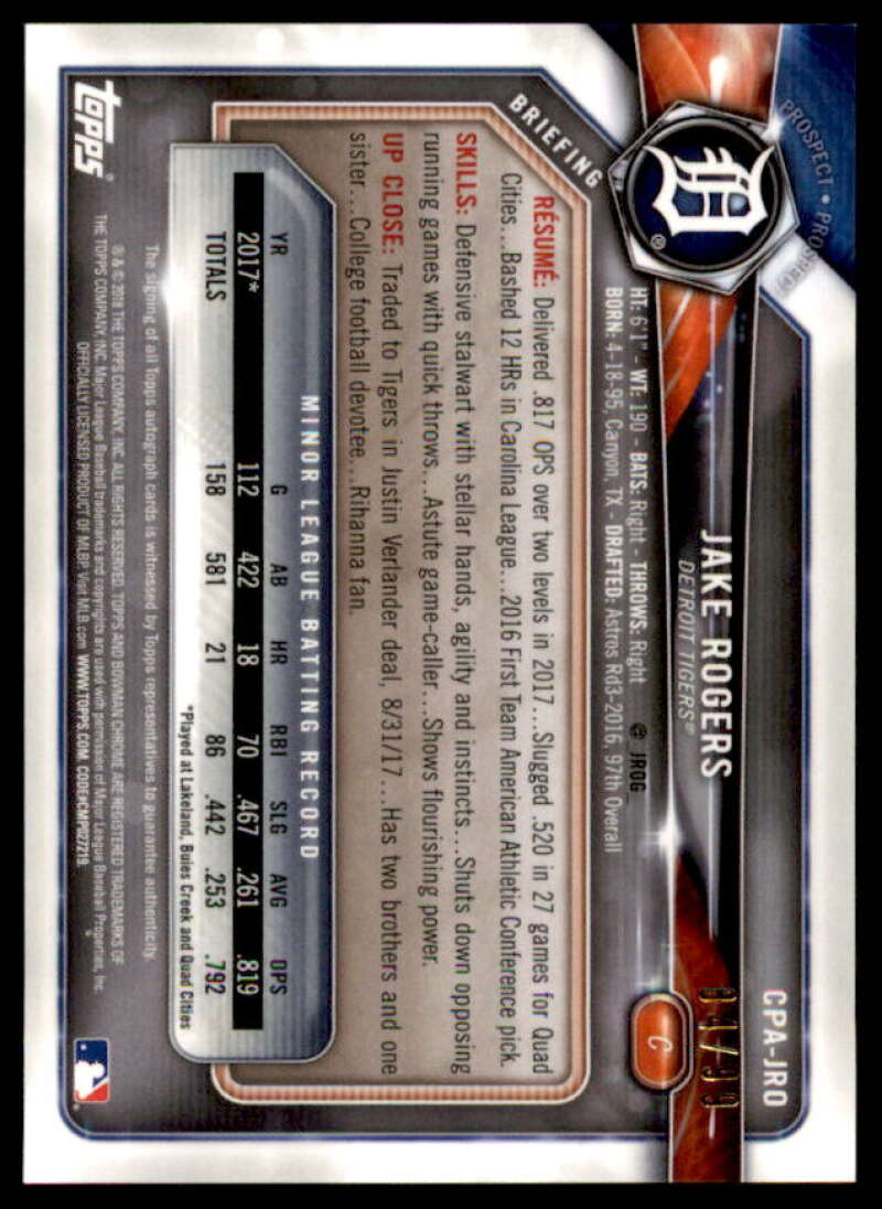 Jake Rogers 2018 Bowman Chrome Prospect Autographs Green Refractors #CPAJRO  Image 2