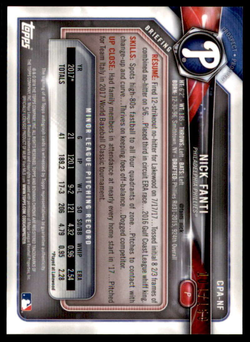 Nick Fanti Rookie Card 2018 Bowman Chrome Prospect Autographs Blue Refractors #CPANF  Image 2