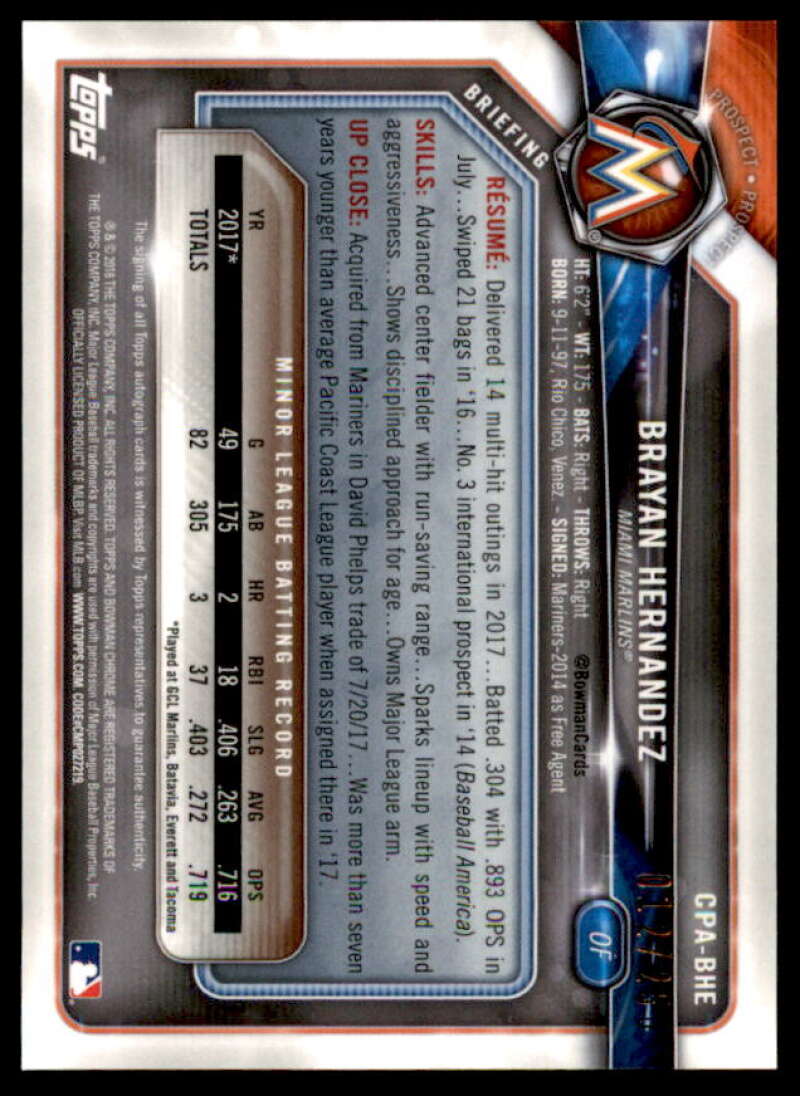 Brayan Hernandez Rookie Card 2018 Bowman Chrome Prospect Auto Purple Ref #CPABHE  Image 2