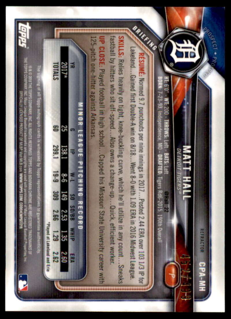 Matt Hall Rookie Card 2018 Bowman Chrome Prospect Autographs Refractors #CPAMH  Image 2