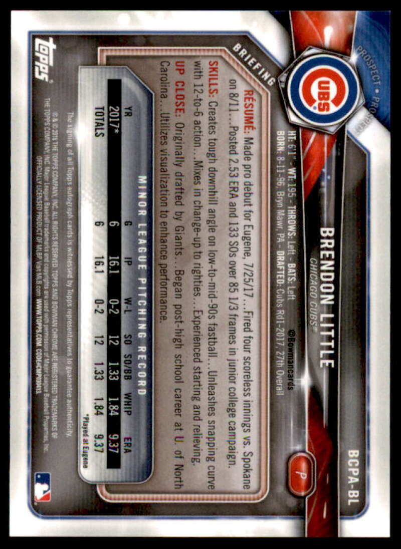 Brendon Little Rookie Card 2018 Bowman Chrome ProsAutograph Blue Mojo Ref #BCPABL  Image 2