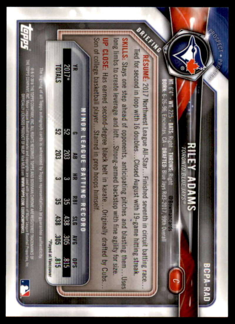Riley Adams Rookie Card 2018 Bowman Chrome Prospect Autographs Blue Ref #BCPARAD  Image 2