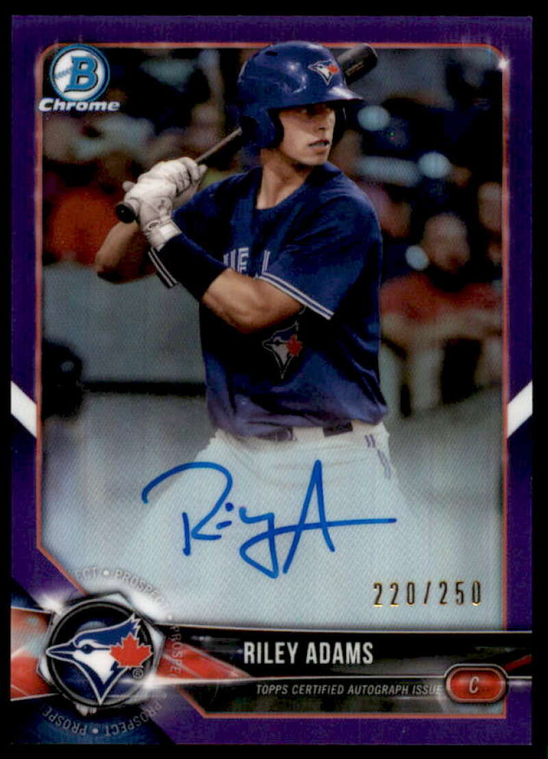 Riley Adams Rookie Card 2018 Bowman Chrome Prospect Autographs Purple Ref #BCPARAD  Image 1