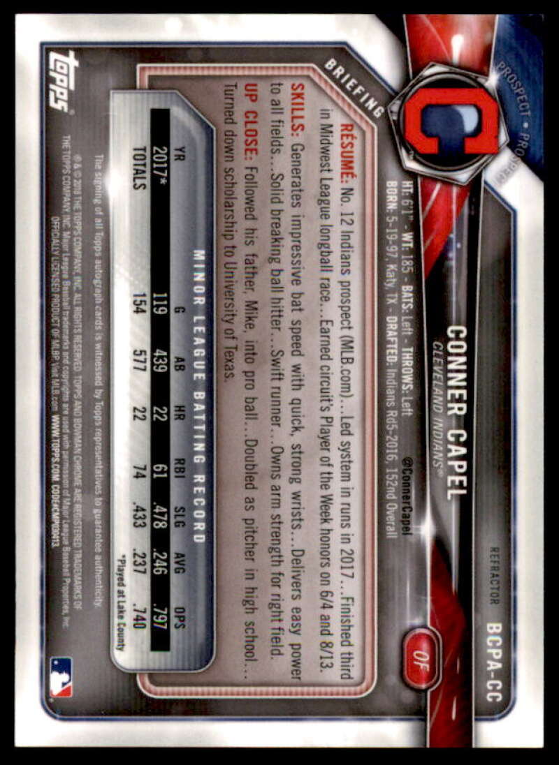 Conner Capel Rookie Card 2018 Bowman Chrome Prospect Autographs Refractors #BCPACC  Image 2