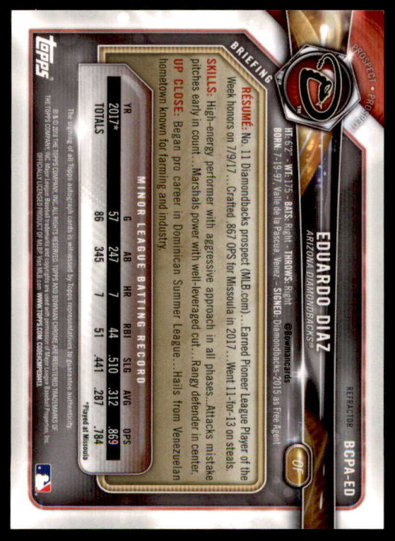 Eduardo Diaz Rookie Card 2018 Bowman Chrome Prospect Autographs Refractors #BCPAED  Image 2