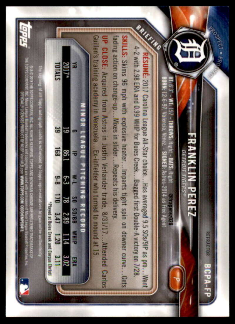 Franklin Perez Rookie Card 2018 Bowman Chrome Prospect Autographs Refractors #BCPAFP  Image 2