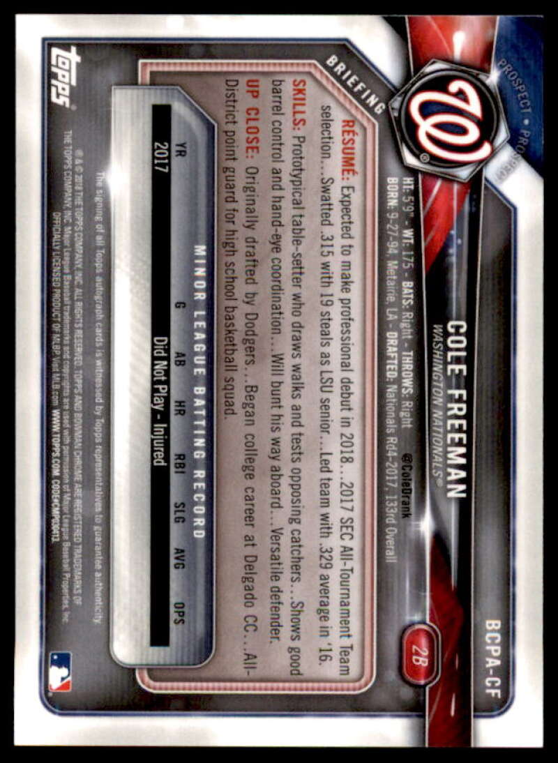 Cole Freeman Rookie Card 2018 Bowman Chrome Prospect Autographs #BCPACF  Image 2