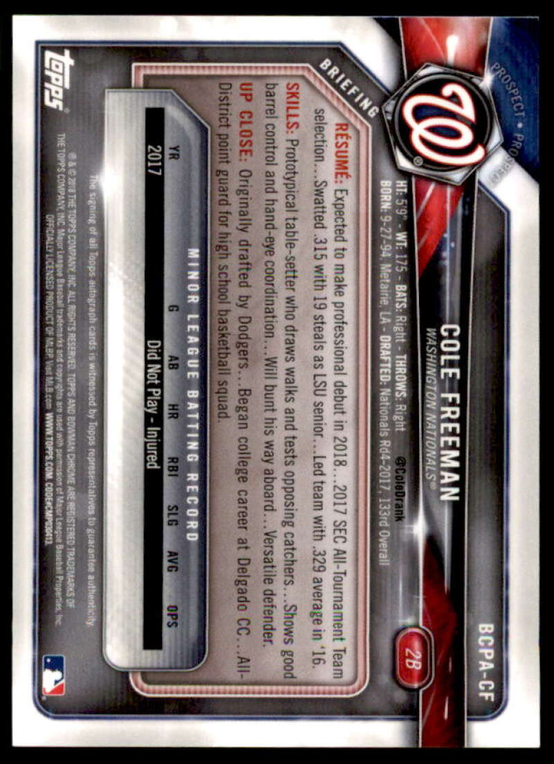 Cole Freeman Rookie Card 2018 Bowman Chrome Prospect Autographs #BCPACF  Image 2