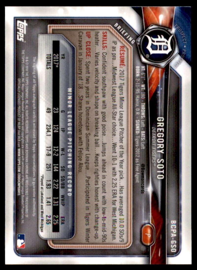 Gregory Soto Rookie Card 2018 Bowman Chrome Prospect Autographs #BCPAGSO  Image 2