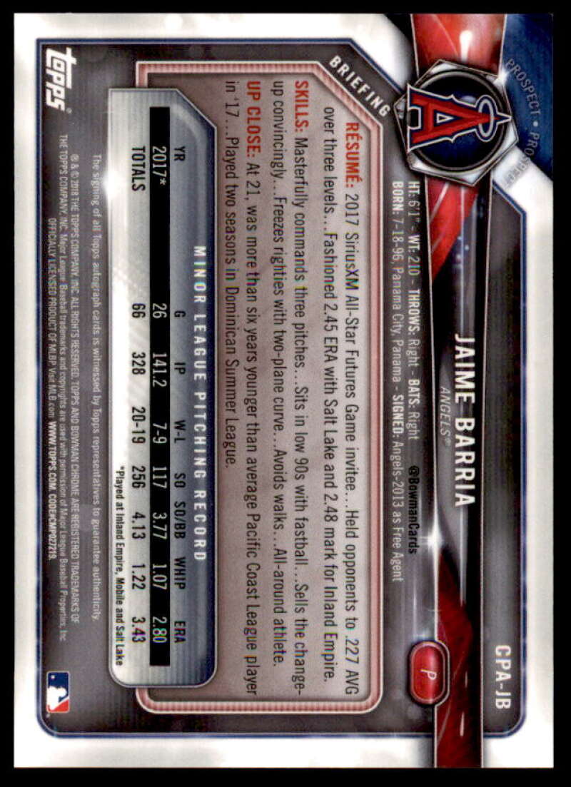 Jaime Barria Rookie Card 2018 Bowman Chrome Prospect Autographs #CPAJB  Image 2