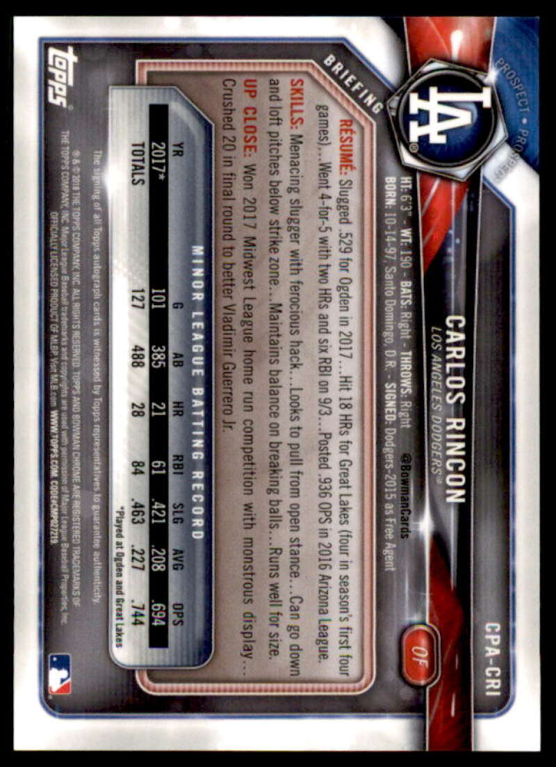 Carlos Rincon Rookie Card 2018 Bowman Chrome Prospect Autographs #CPACRI  Image 2