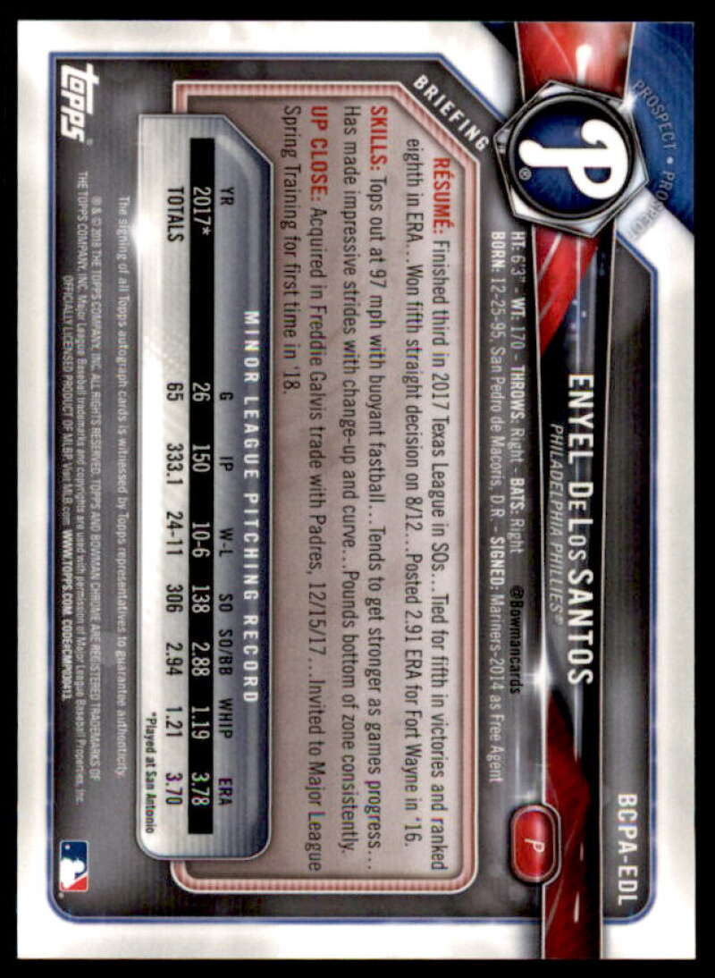 Enyel De Los Santos Rookie Card 2018 Bowman Chrome Prospect Autographs #BCPAEDL  Image 2