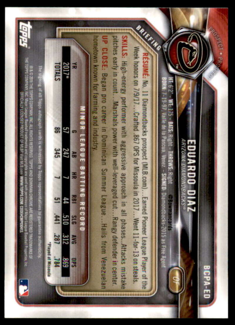 Eduardo Diaz Rookie Card 2018 Bowman Chrome Prospect Autographs #BCPAED  Image 2