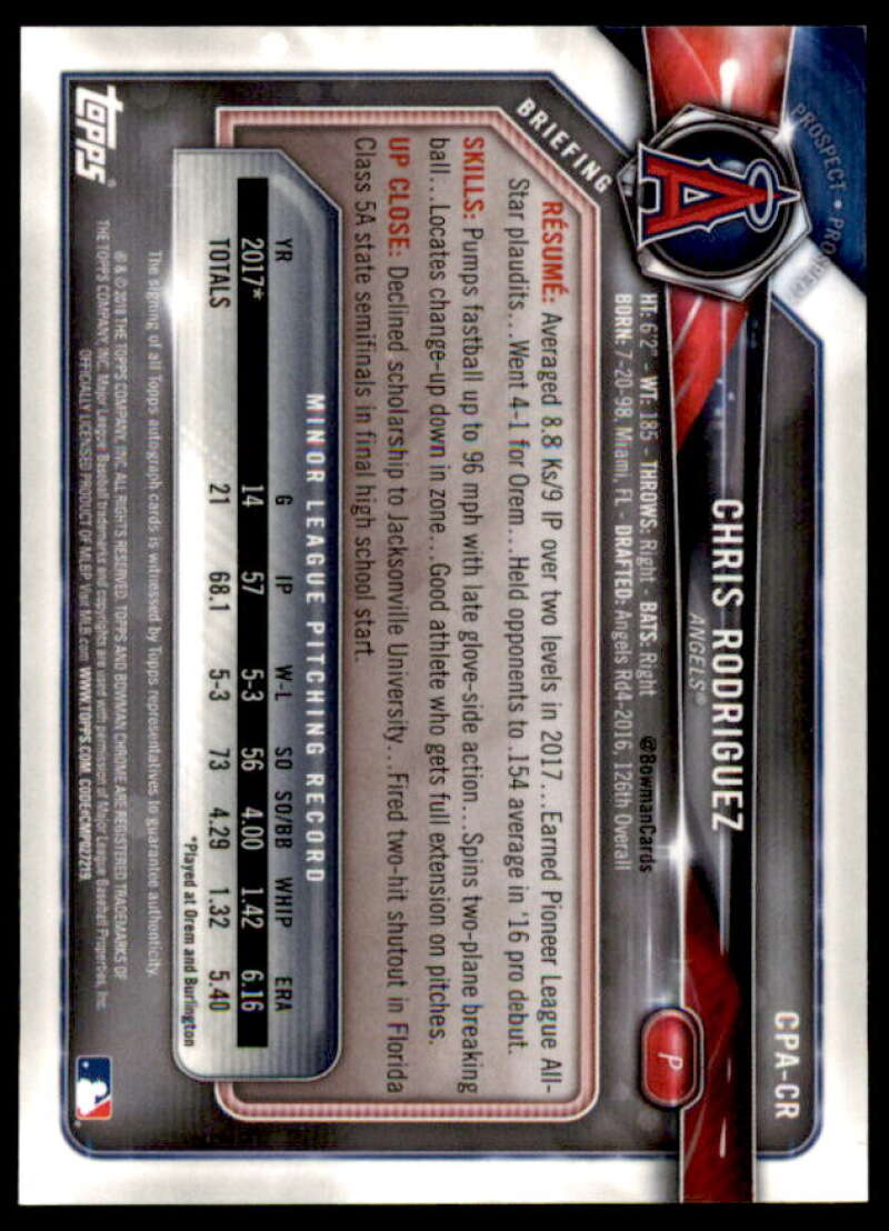 Chris Rodriguez Rookie Card 2018 Bowman Chrome Prospect Autographs #CPACR  Image 2