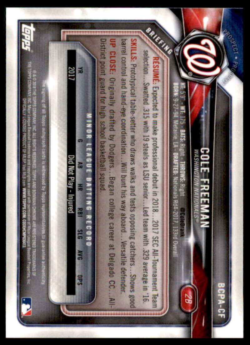 Cole Freeman Rookie Card 2018 Bowman Chrome Prospect Autographs #BCPACF  Image 2
