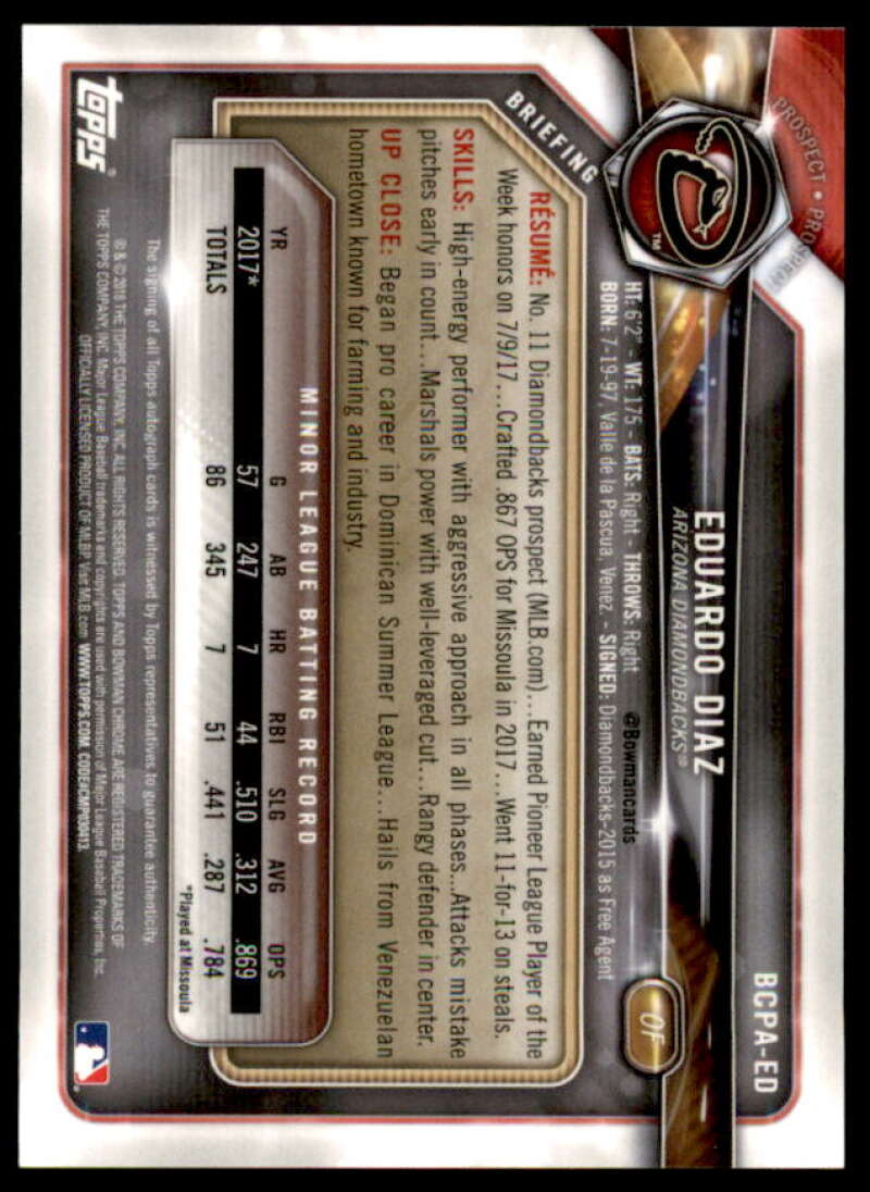 Eduardo Diaz Rookie Card 2018 Bowman Chrome Prospect Autographs #BCPAED  Image 2