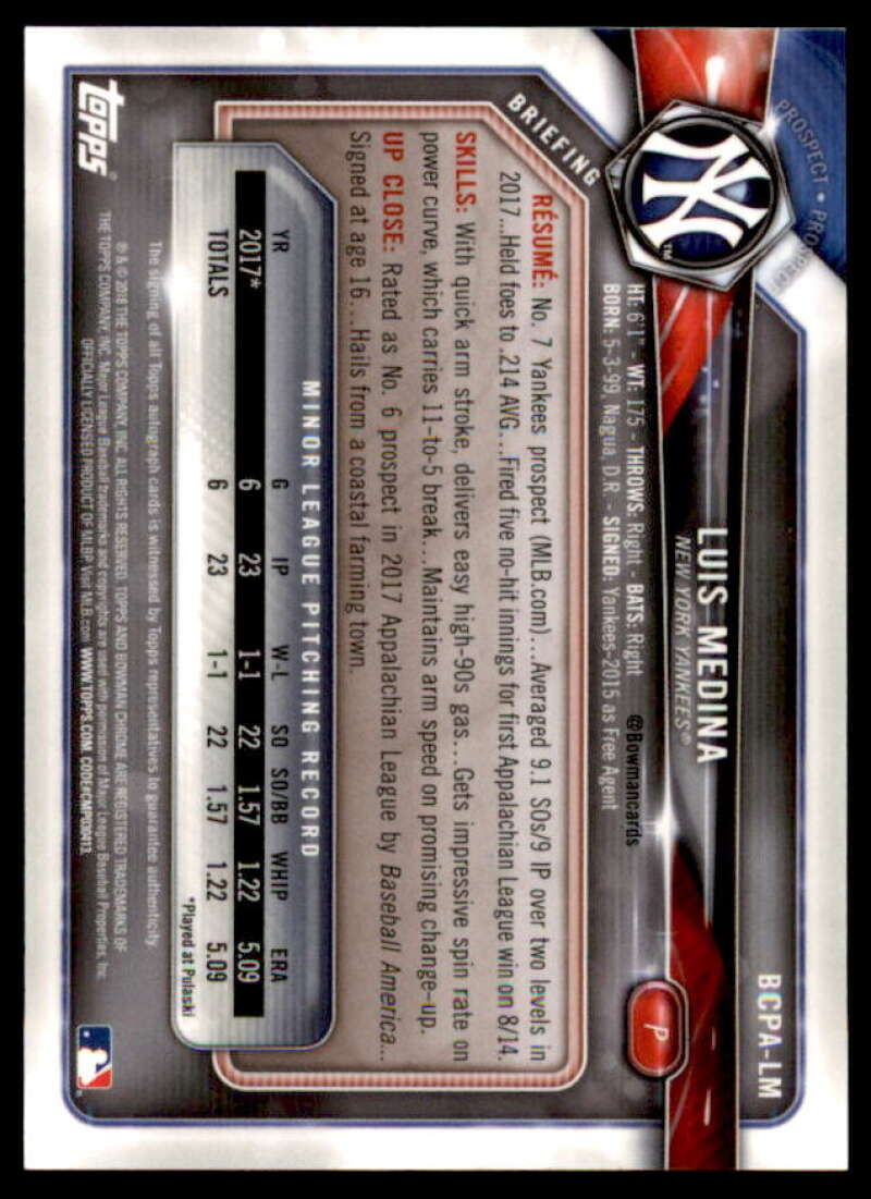 Luis Medina Rookie Card 2018 Bowman Chrome Prospect Autographs #BCPALM  Image 2