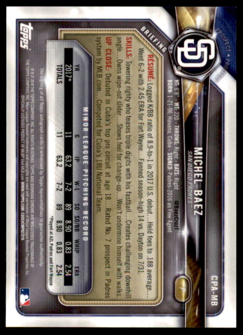 Michel Baez Rookie Card 2018 Bowman Chrome Prospect Autographs #CPAMB  Image 2