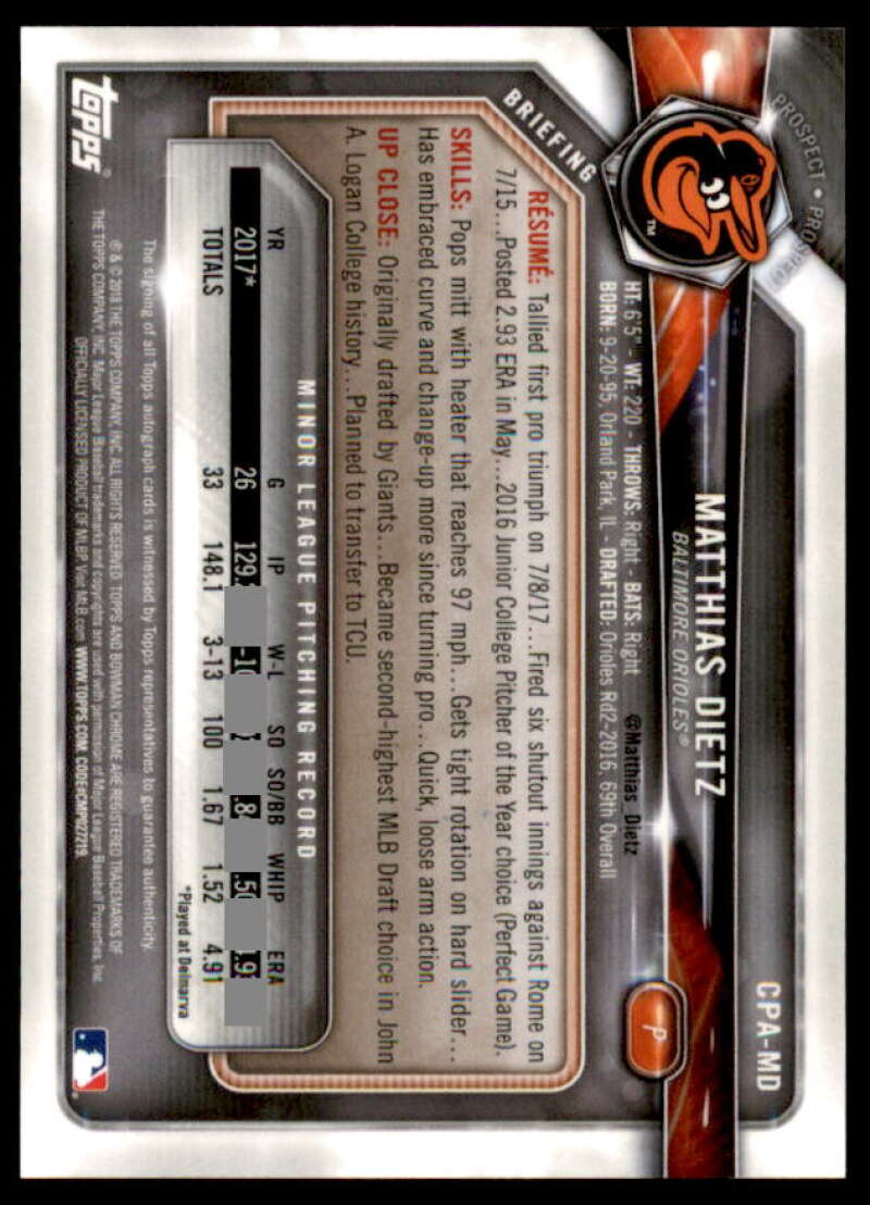 Matthias Dietz Rookie Card 2018 Bowman Chrome Prospect Autographs #CPAMD  Image 2