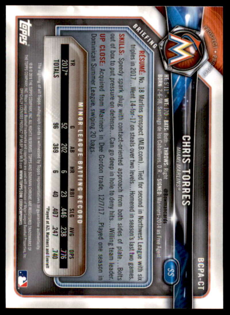 Chris Torres Rookie Card 2018 Bowman Chrome Draft Autographs #CDALT  Image 2