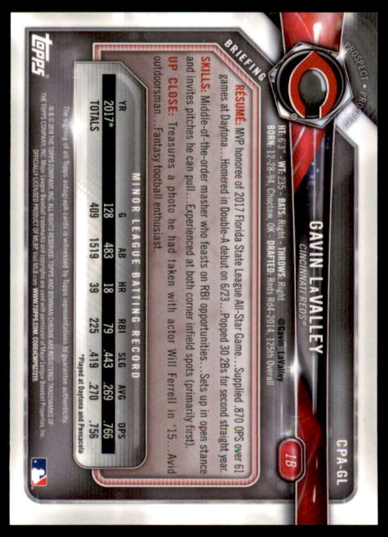 Gavin LaValley Rookie Card 2018 Bowman Chrome Prospect Autographs #CPAGL  Image 2