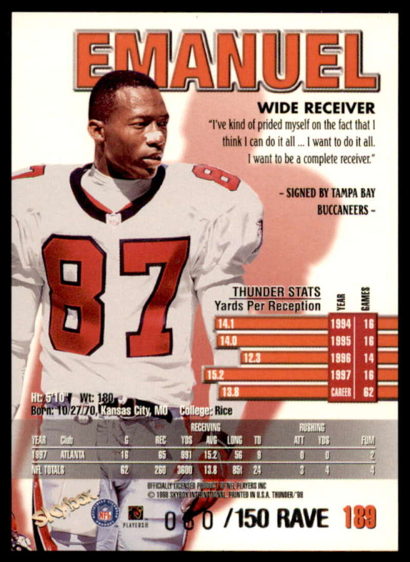Bert Emanuel Card 1998 SkyBox Thunder Rave #189  Image 2