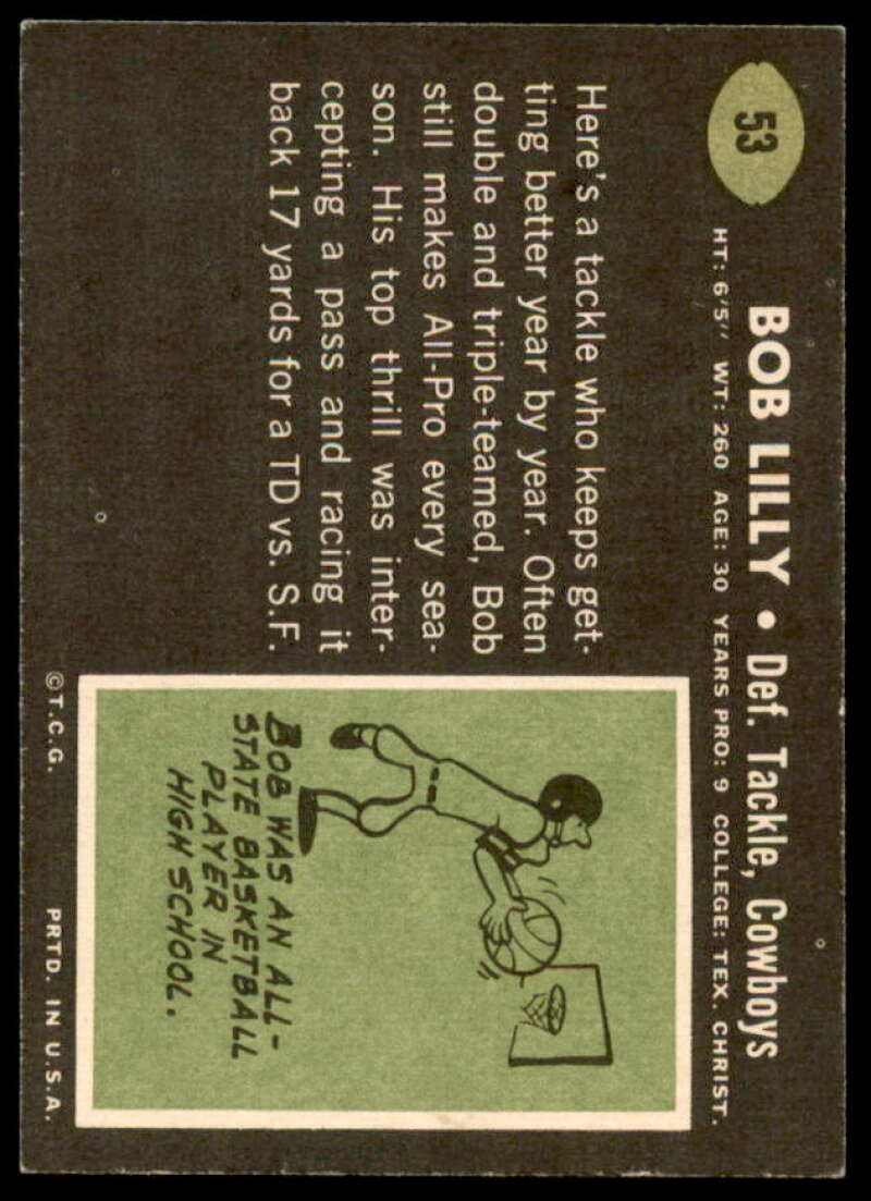 Bob Lilly Card 1969 Topps #53  Image 2