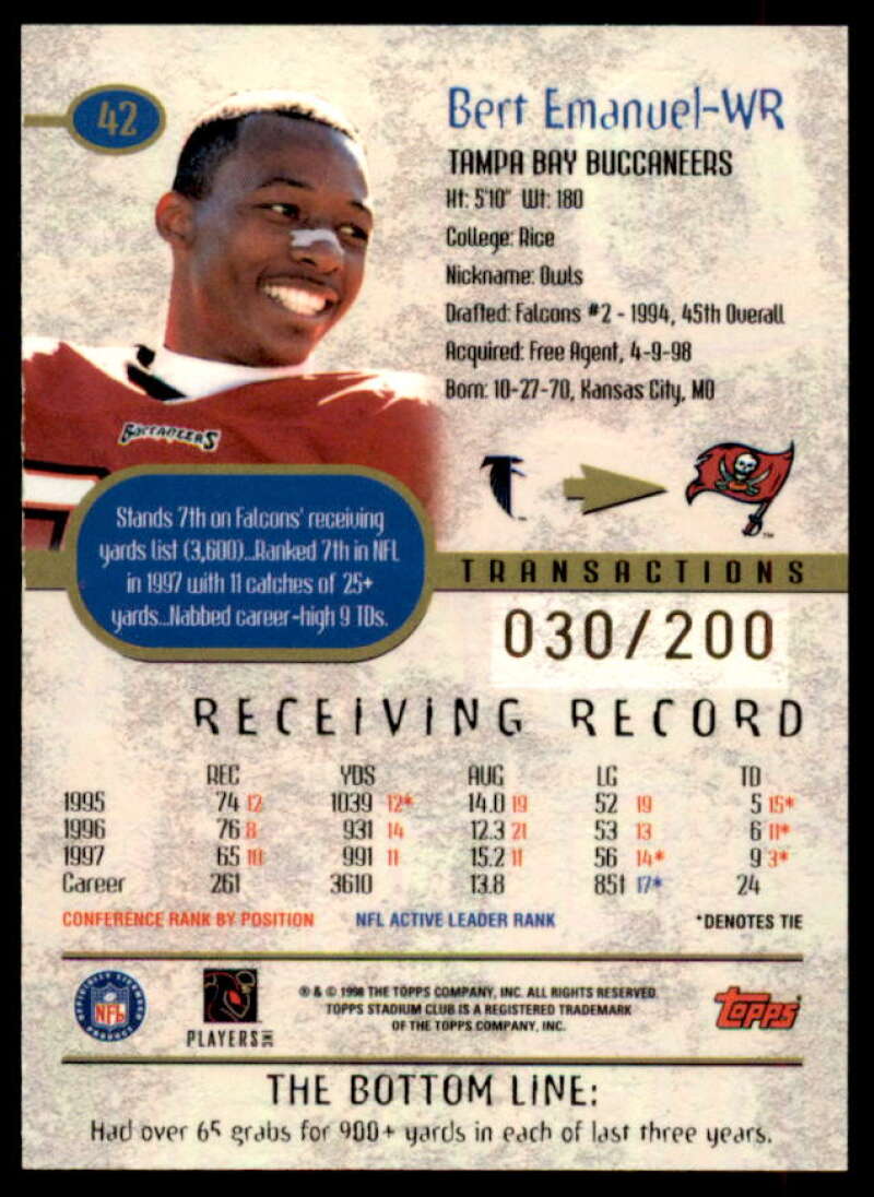 Bert Emanuel Card 1998 Stadium Club First Day #42  Image 2