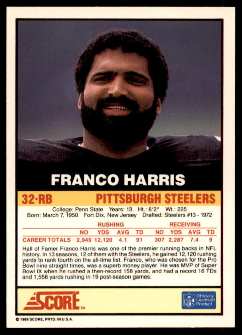Franco Harris/(Hall of Famer) Card 1989-90 Score Franco Harris #1B  Image 2