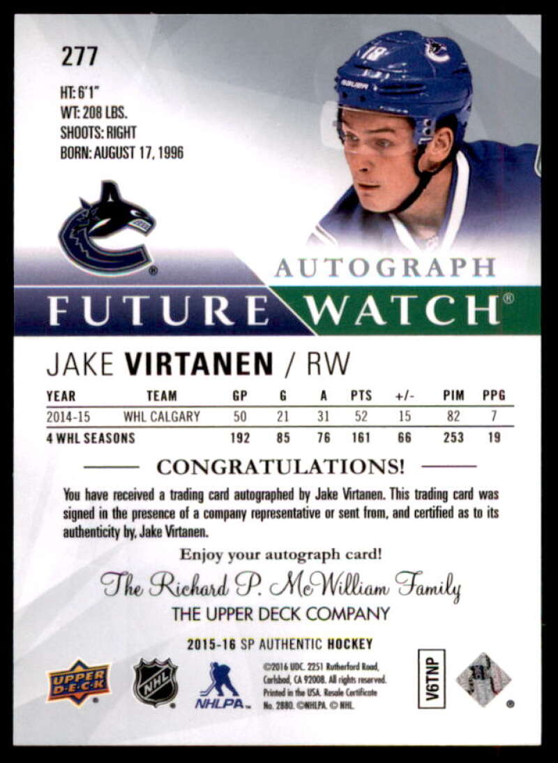 Jake Virtanen AU RC Rookie Card 2015-16 SP Authentic #277  Image 2