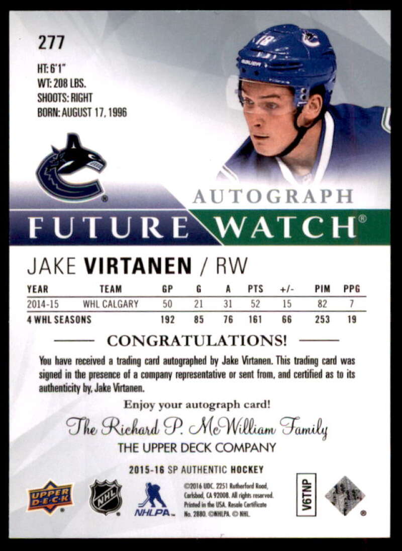 Jake Virtanen AU RC Rookie Card 2015-16 SP Authentic #277  Image 2