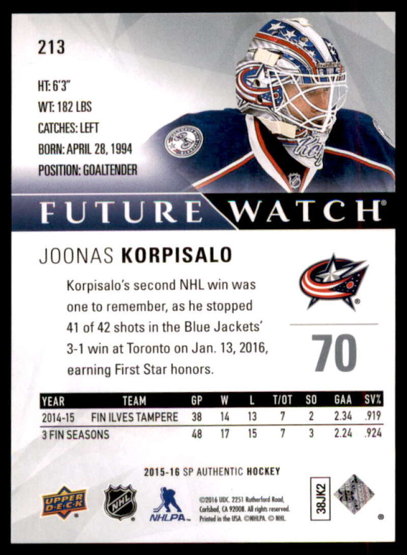 Joonas Korpisalo RC Rookie Card 2015-16 SP Authentic #213  Image 2