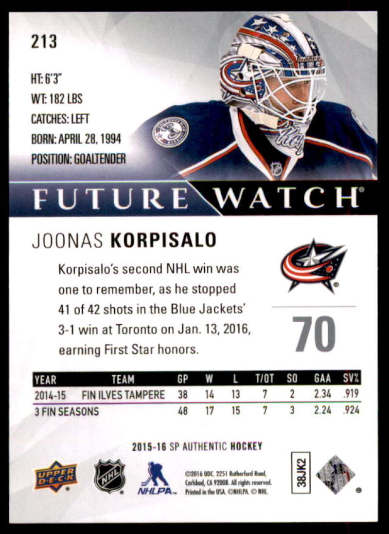 Joonas Korpisalo RC Rookie Card 2015-16 SP Authentic #213  Image 2