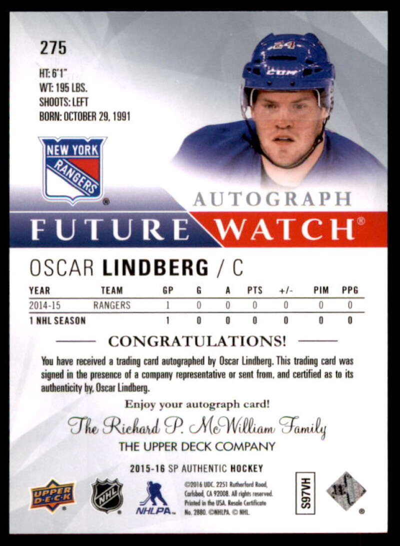 Oscar Lindberg AU RC Rookie Card 2015-16 SP Authentic #275  Image 2